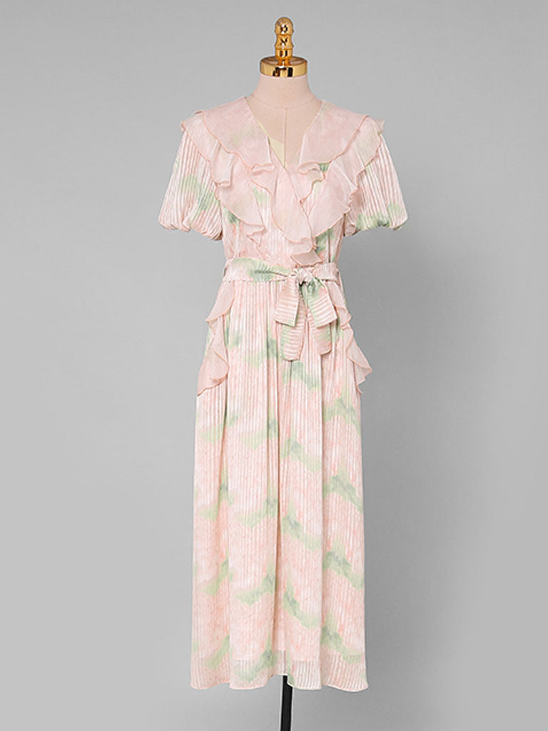 Pink Ruffles Collar Floral Frint Puff Sleeve 1950S Vintage Dress