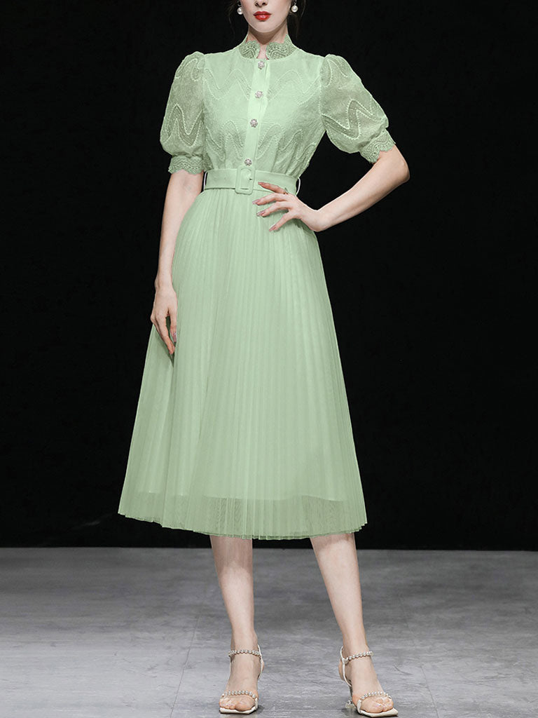 Apricot Stand Collar Puff Sleeve Mesh Pleated Dress