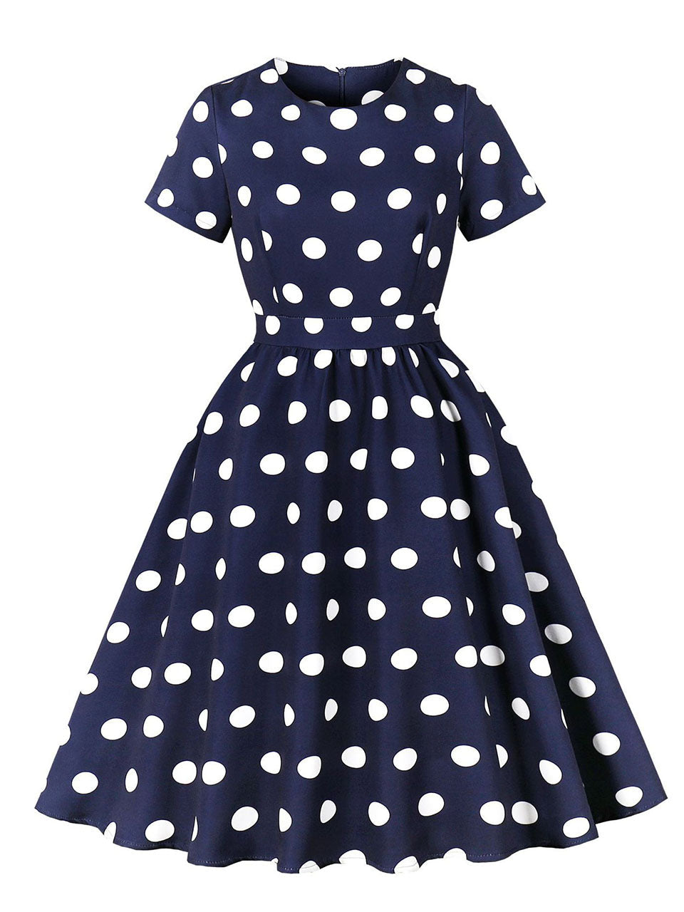 Navy Crew Neck Polka Dots 1950s Vintage Swing Dress