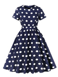 Navy Crew Neck Polka Dots 1950s Vintage Swing Dress
