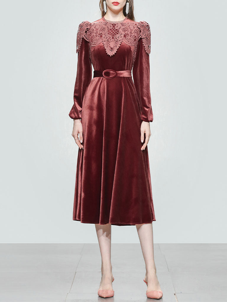 Red Crew Neck Velvet Puff Sleeve 1950S Vintage Dress