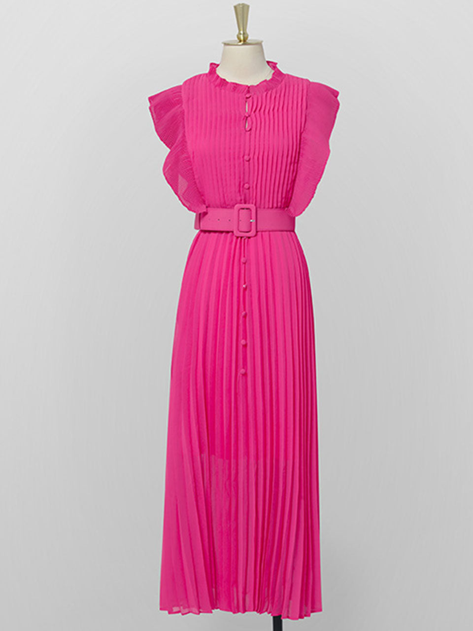 Rose Crew Neck Ruffles Pleated 1970S Vintage Dress