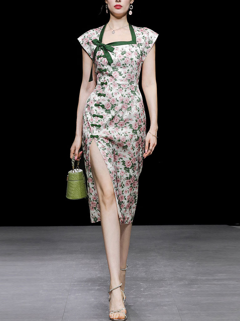 Green Rose Square Collar Split Cheongsam Dress