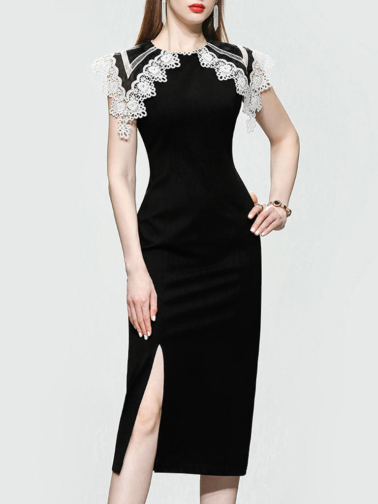 White Big Sweet Lace Collar Sleeveless Bodycon 1960S Black Slit Dress