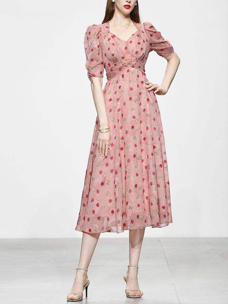 Pink Rose Floral Chiffon Vintage Style 1950S Dress