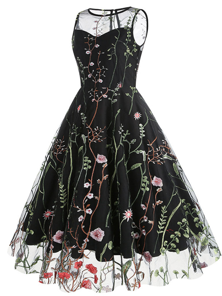 Wine Red Semi Mesh Flower Embroidered Sleeveless 50S Swing Dress