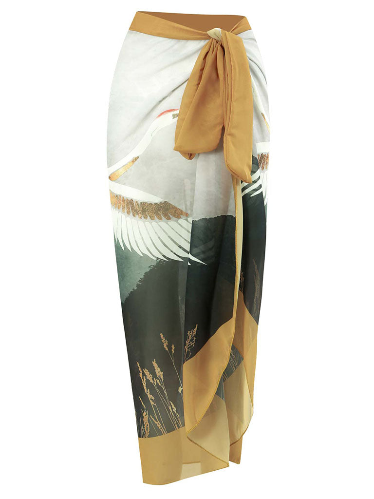 Cranes Bird Print Retro Style V Neck One Piece