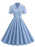 Blue 1950s Vintage Shirt Dress for Short Sleeve Audrey Hepburn Style Cocktail Swing Dress