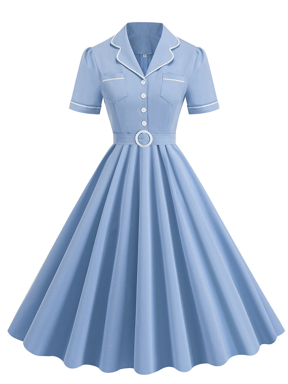Blue 1950s Vintage Shirt Dress for Short Sleeve Audrey Hepburn Style Cocktail Swing Dress