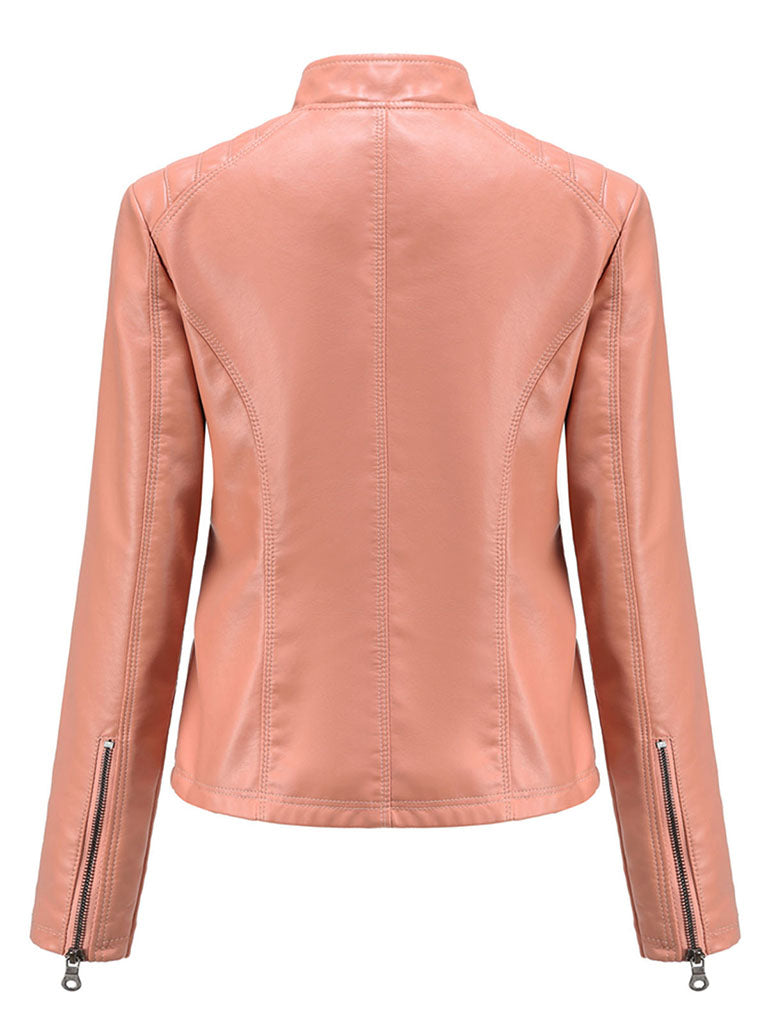 Stand Collar Long Sleeve PU Leather Motorcycle Jacket