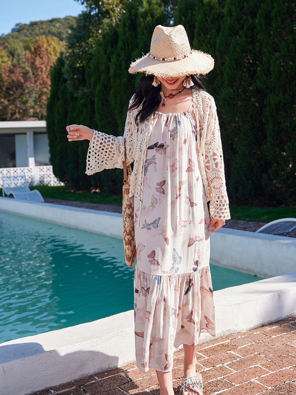 Bohemian Retro Sweet Butterfly Print Beaded Strap Boho Maxi Dress