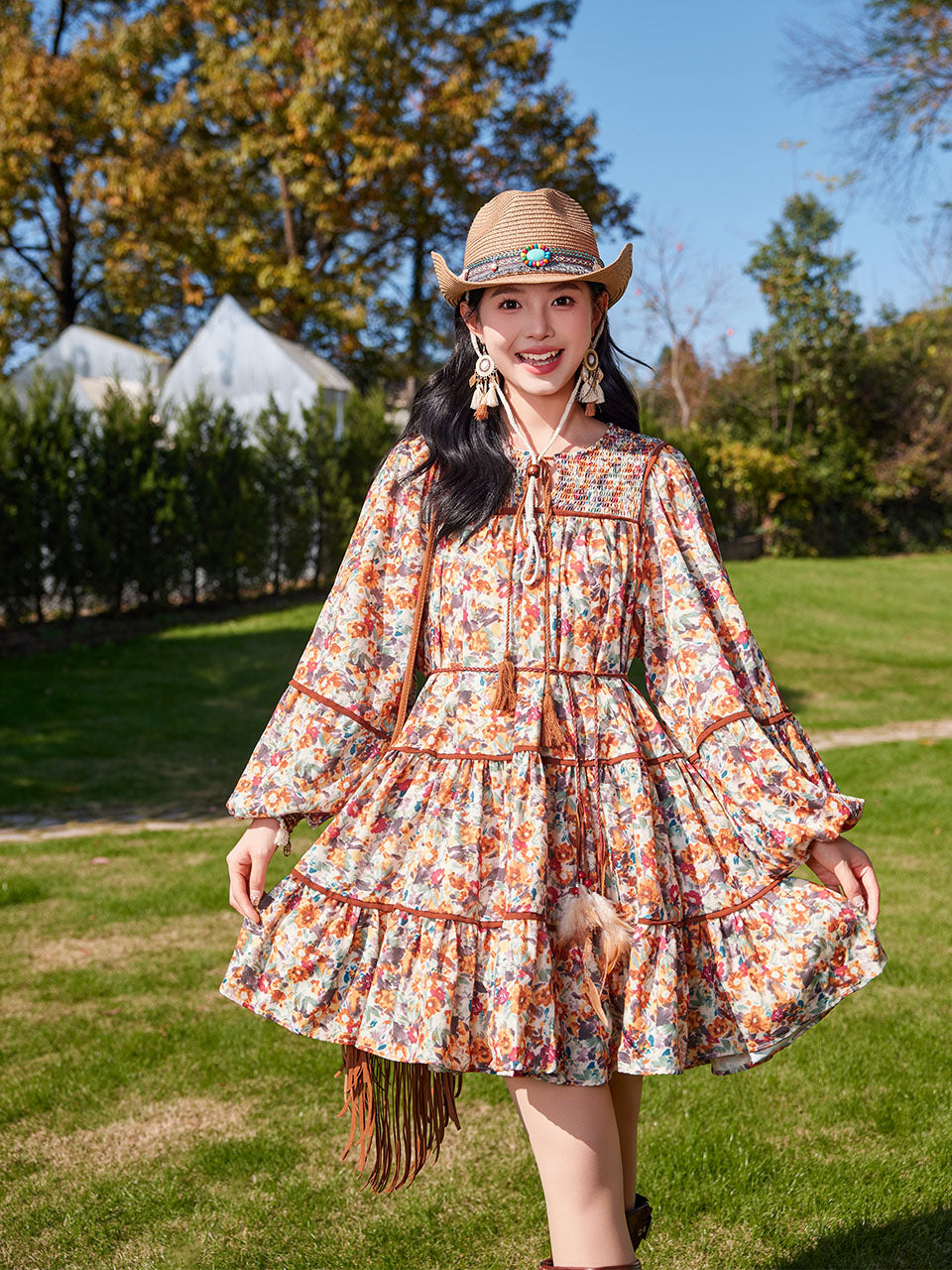 Bohemian Orange Printed Long-sleeved Mini Dress