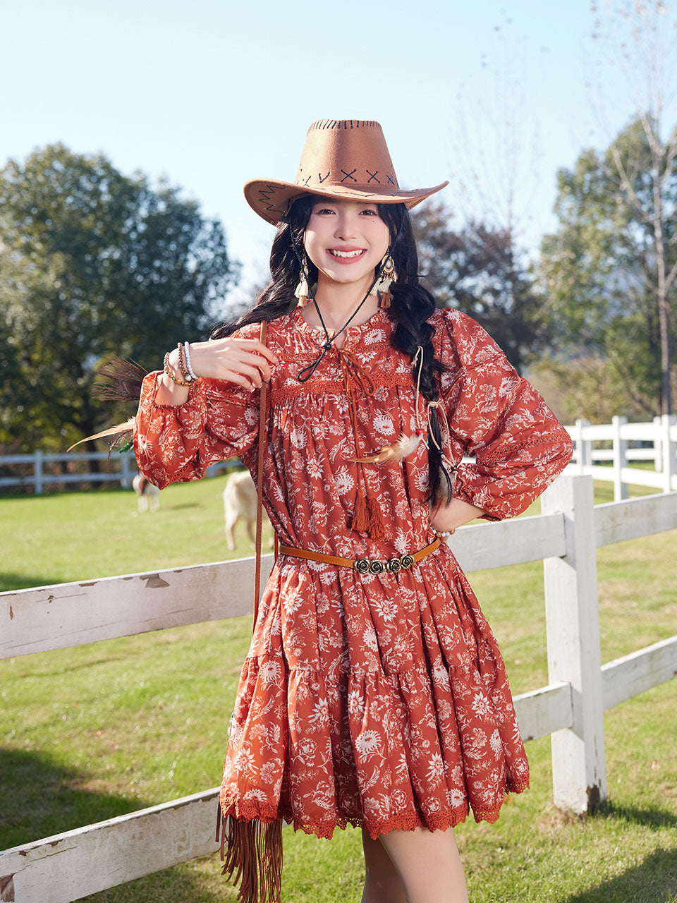 Bohemian Orange Printed Long-sleeved Mini Dress