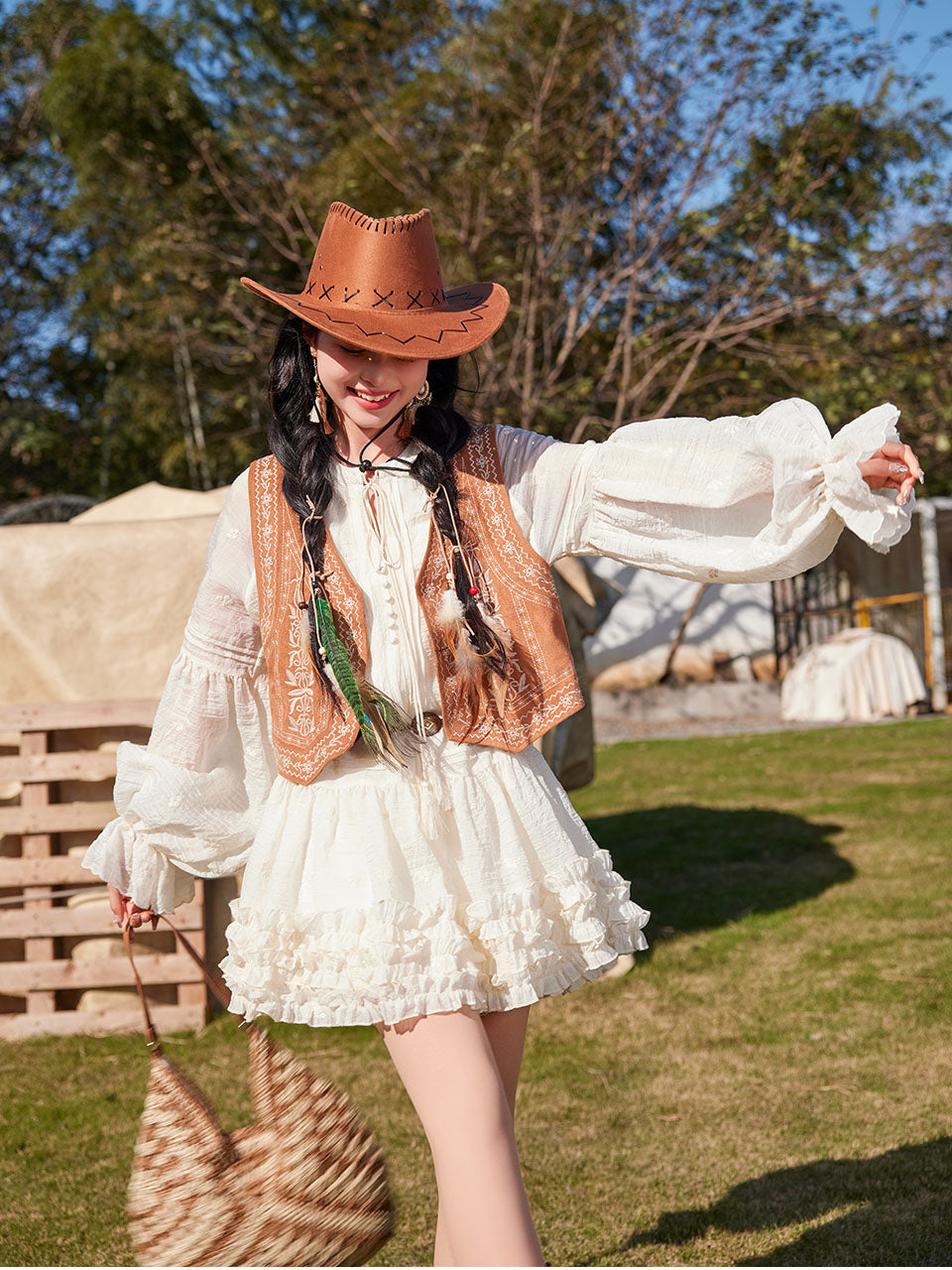Bohemian White Long-sleeved Mini Dress