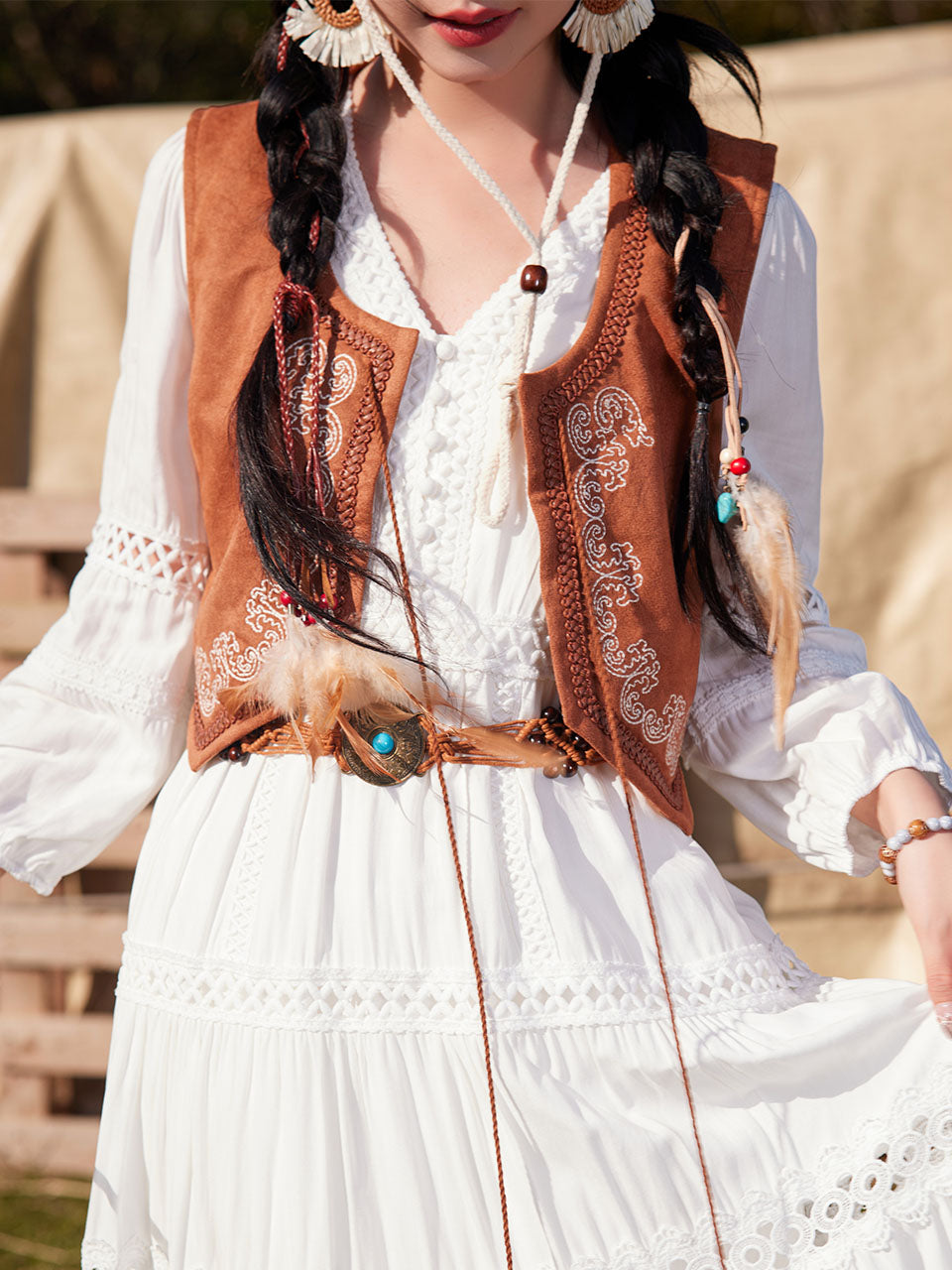 Bohemian White Long-sleeved Cotton Tassel Maxi Dress