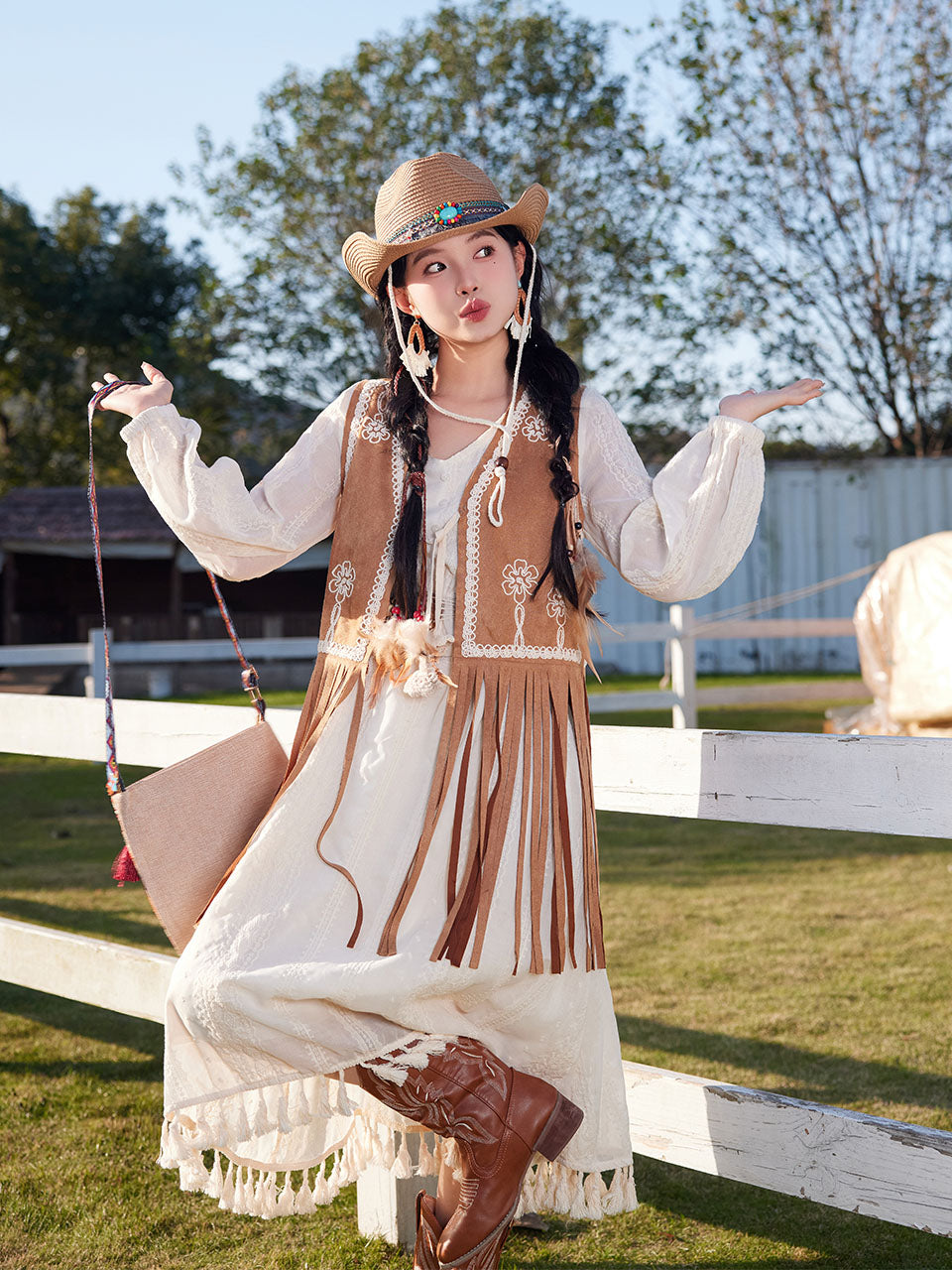 Bohemian White Tassel Cotton Maxi Dress