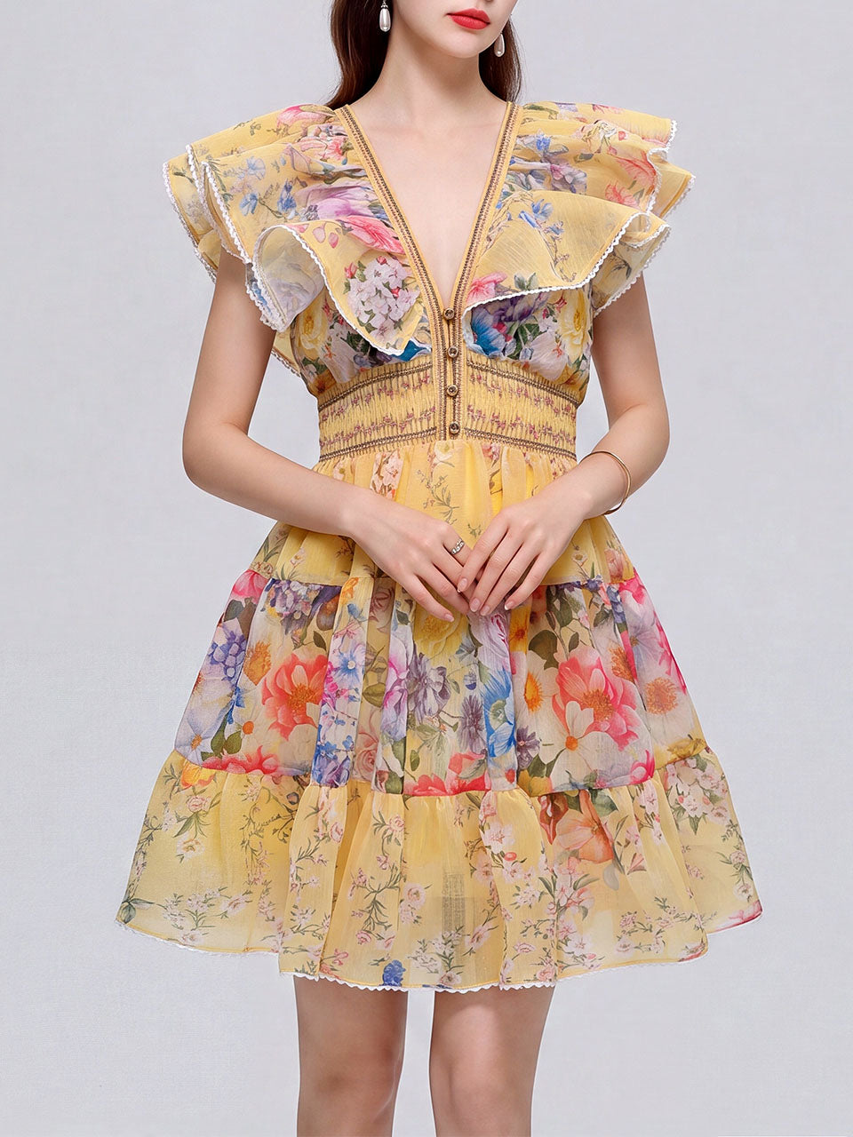 Boho Yellow Floral Printed Chiffon V-Neck Ruffled Summer Beach Mini Dress