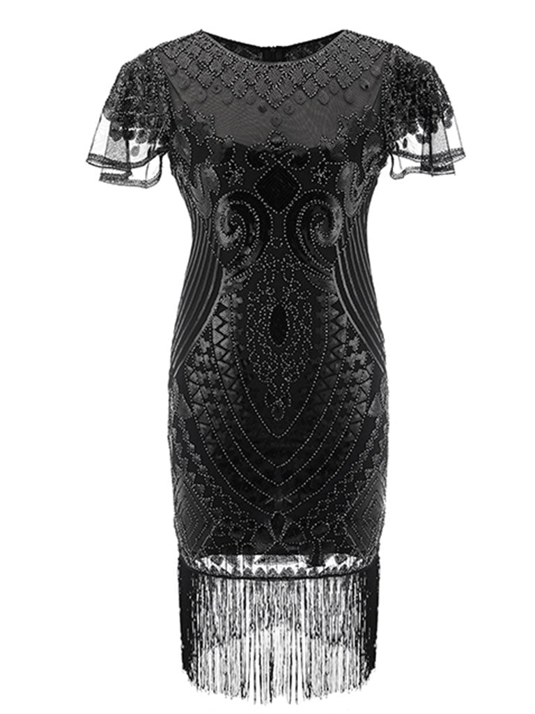 1920S Short Sleeve Fringed Sequin Gatsby Flapper Dress