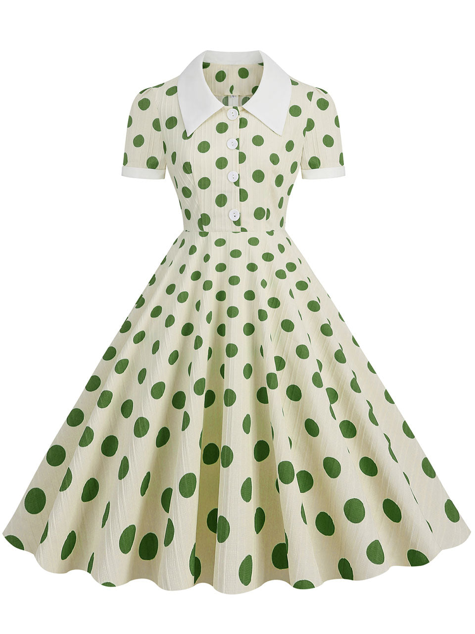 Green Polka Dots Johnny Collar Short Sleeve Swing Vintage 1950S Party Dress