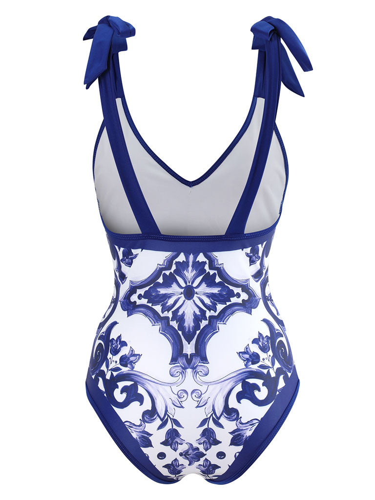 Blue And White Porcelain Retro Style V Neck One Piece