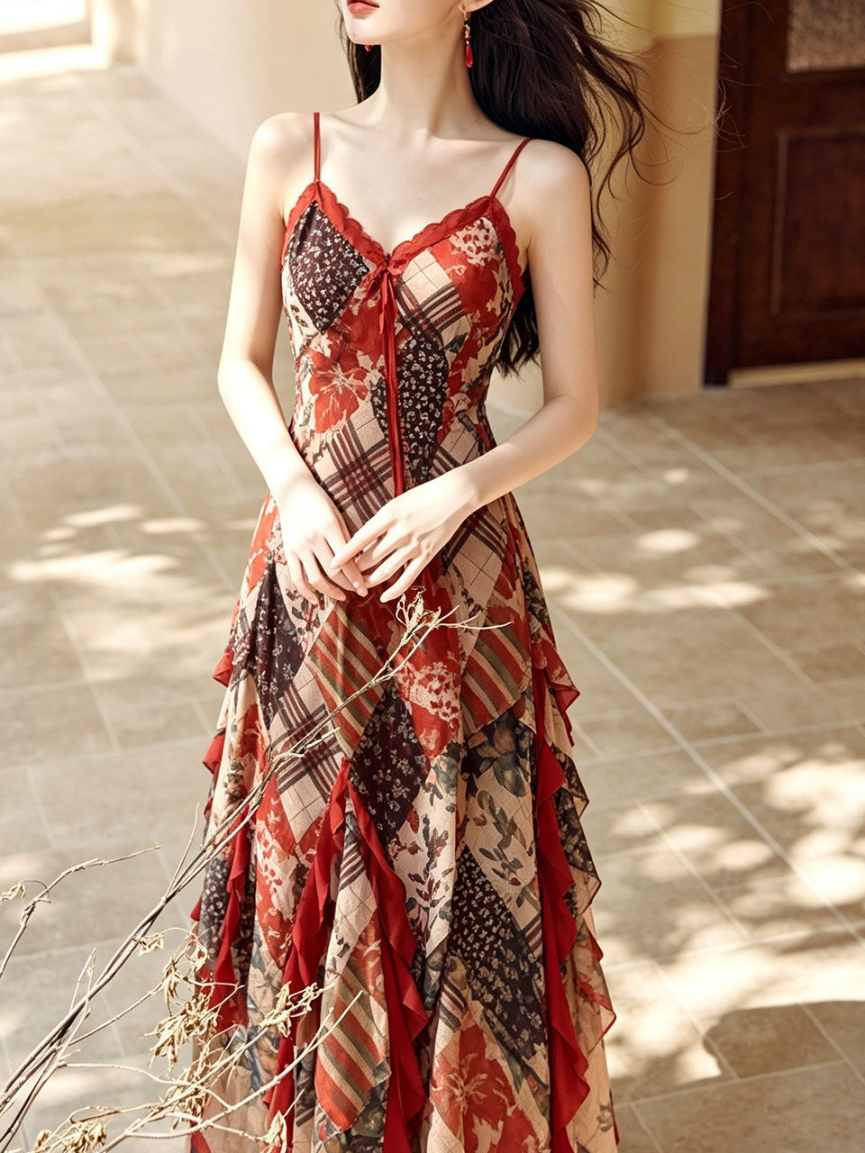 Vintage Bohemian Red Ruffle Hem Floral Plaid Spaghetti Strap Maxi Dress