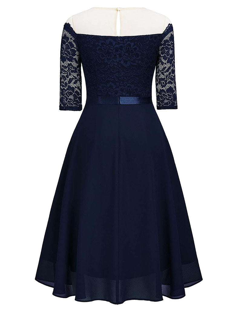 Semi Sheer Solid Color 50s Party Lace Swing Dress