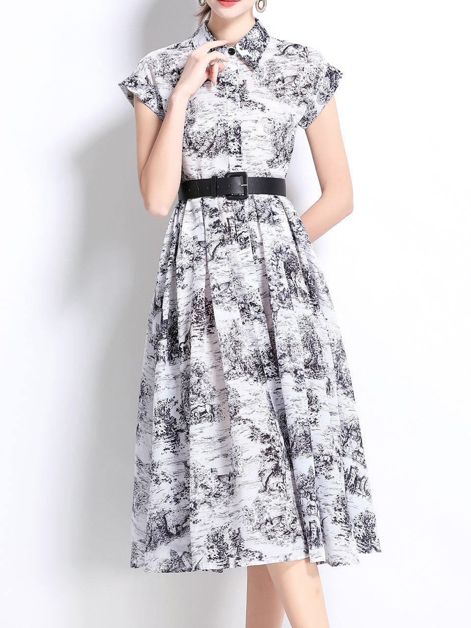 1940S Classic Shirt Collar Vintage Print Cap Sleeve Cotton Dress