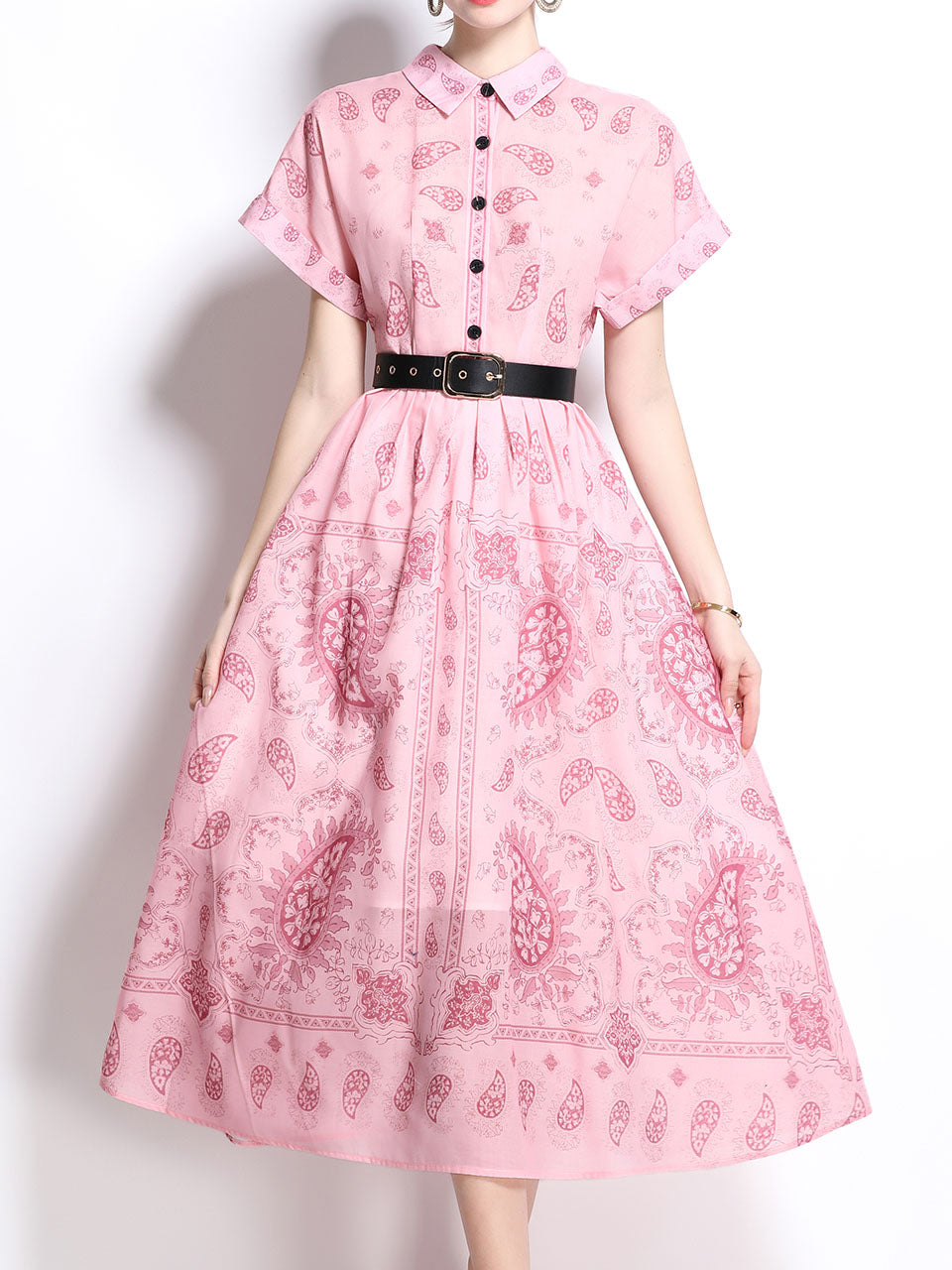 1940S Classic Shirt Collar Vintage Print Cotton Dress