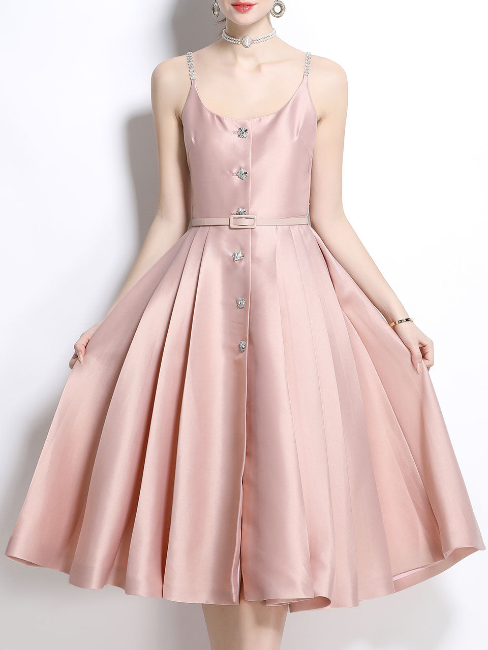 Pink Luxury Diamond Strap Satin Prom Dress