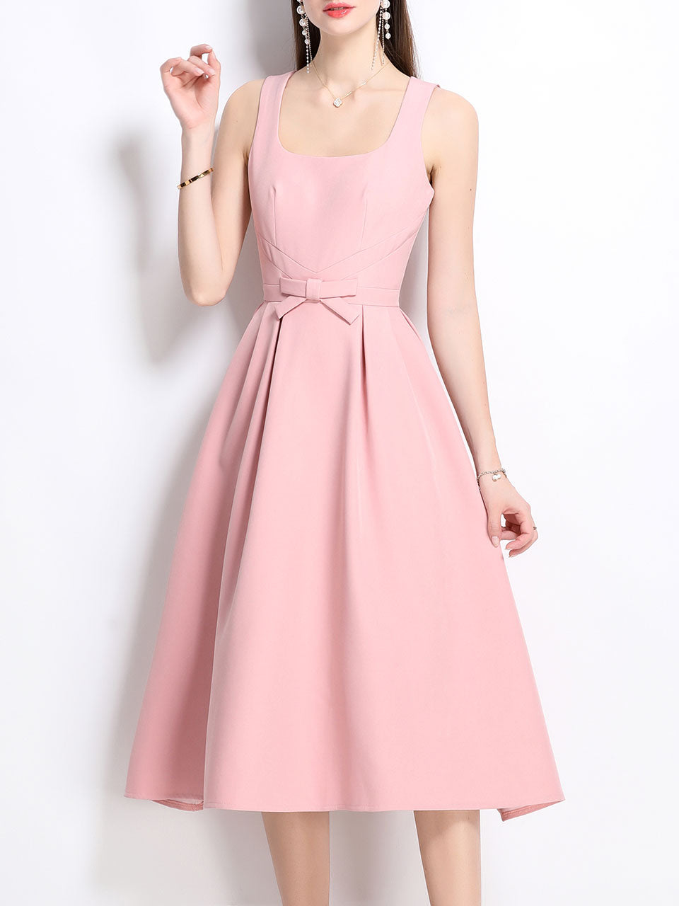 Pink Satin U Neck Sleeveless Bow 1950S Vintage Sweet Party Dress