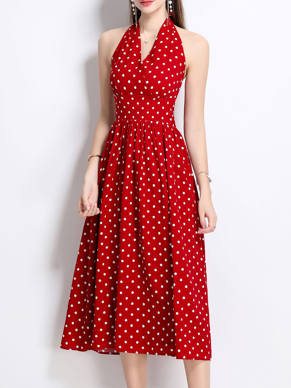 1950S Hepburn Style Outfits Polka Dots Halter Swing Dress