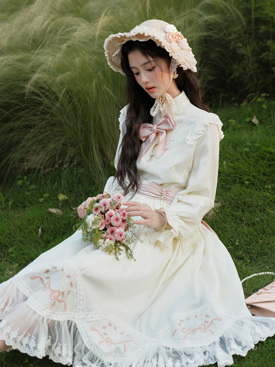 White Edwardian High Neck Lace Embroidered Vintage Dress