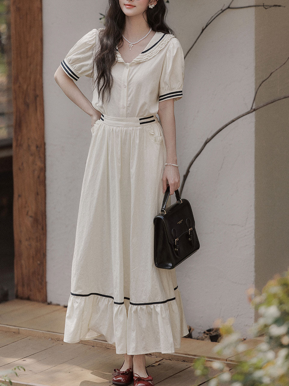 White Sailor Style Top and Skirt Set 2 Piece Matching Outfit for Women