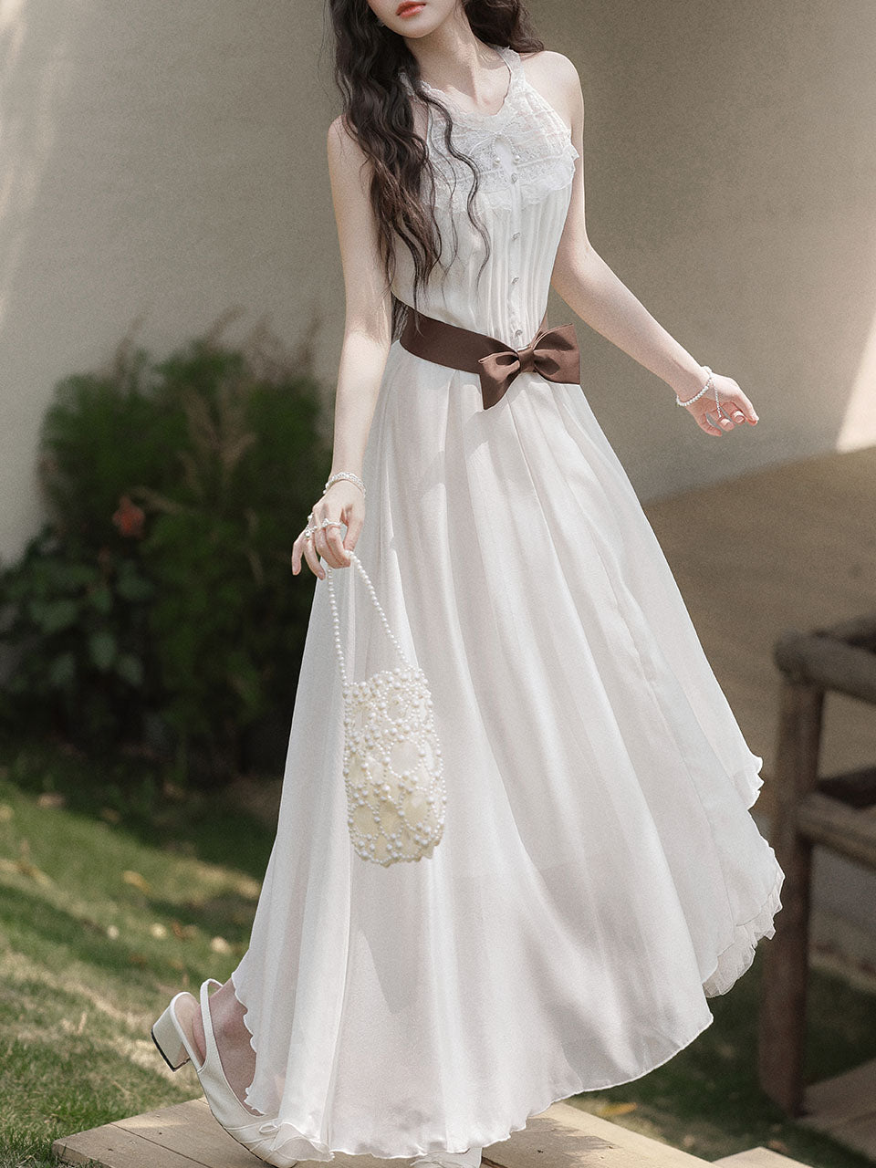 2PS White Lace Chiffon Cape Vintage Dress Set