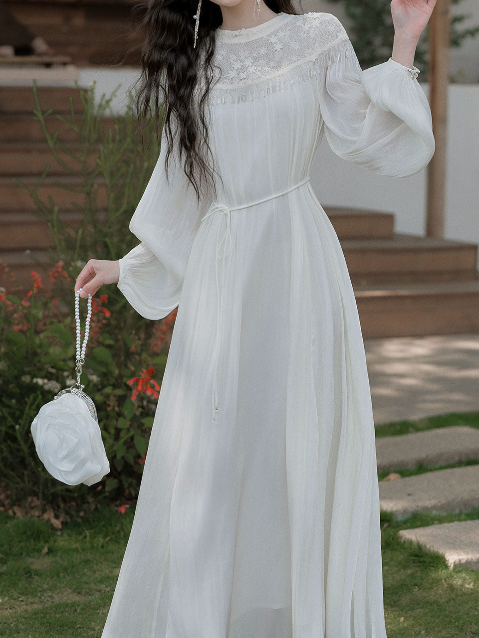Vintage White Lace Fringe Flowing Boho Wedding Maxi Dress