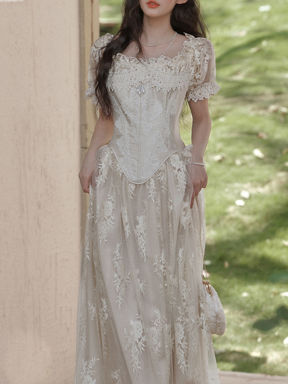 Ivory Victorian Style Lace Corset Wedding Gown Wedding Maxi Dress