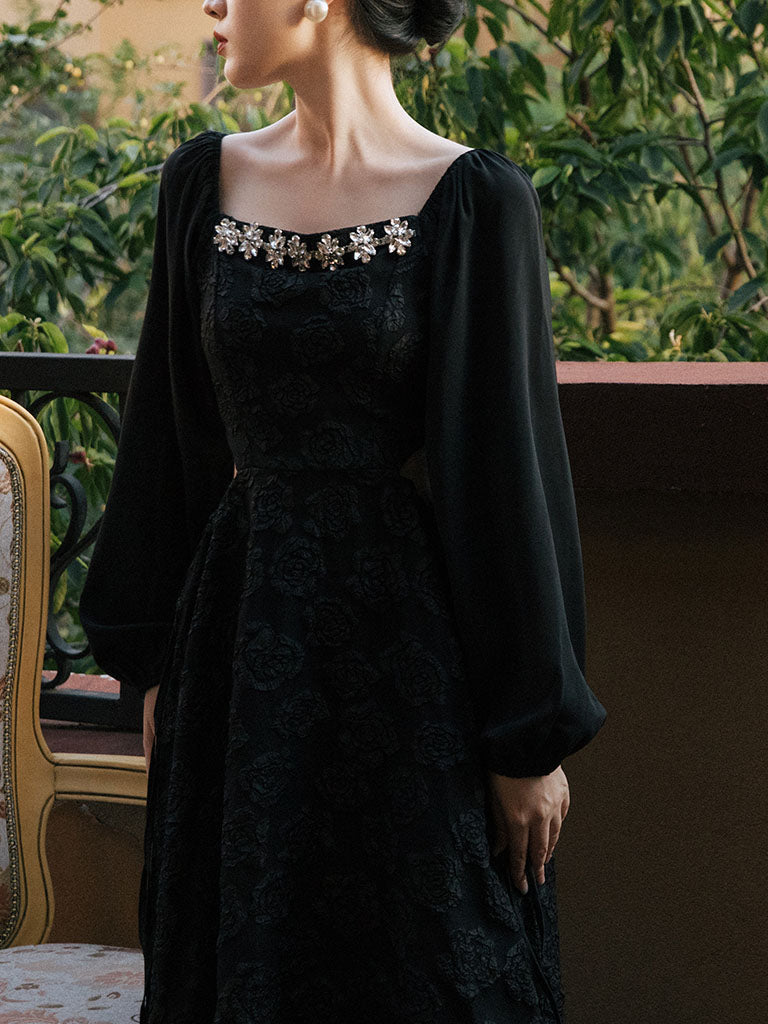 Black Glass Diamond Rose Jacquard Hollow-carved Dress 1950S Hepburn Style Outfits