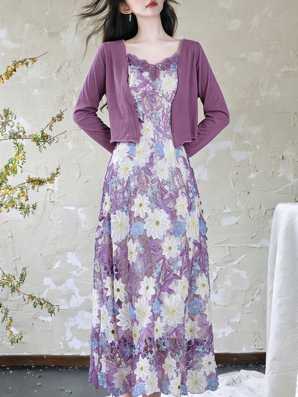 Purple Floral Embroidered Lace Maxi Dress Prom Dress
