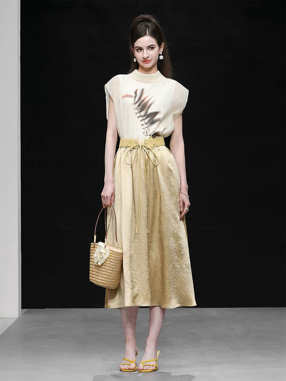 2PS Silk Printed Sleeveless Top and Gold Metallic Midi Skirt Dress Set