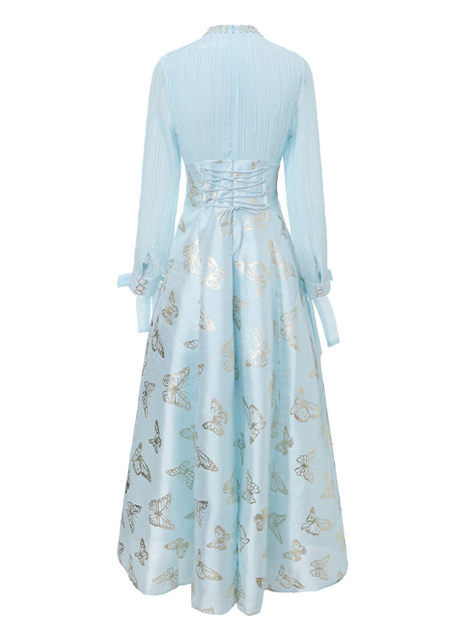 Gold Foil Butterfly Print Chiffon Blue Maxi Dress