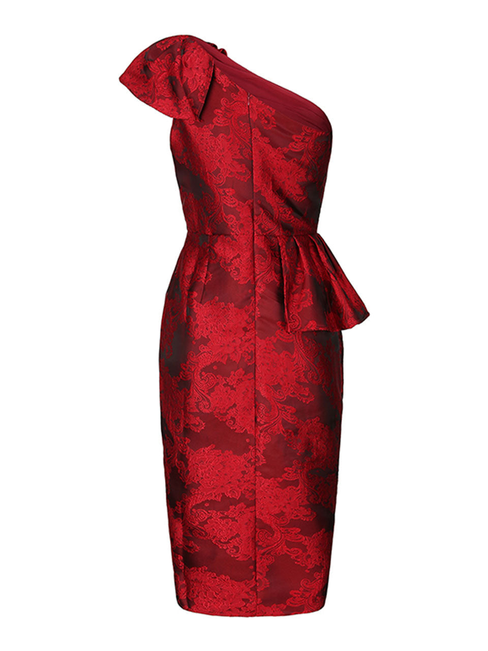 Red Jacquard One Shoulder Ruffle Bodycon Dress