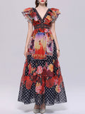 Dark Boho Floral Printed Chiffon V-Neck Ruffled Summer Beach Maxi Dress