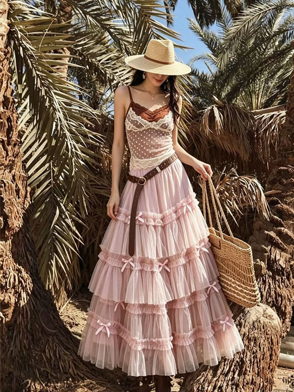 Pink Bohemian Polka Dots Camisole Top and Maxi Skirt Set