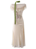 White Off Shoulder Bohemian Crochet  Fringe Mermaid Tail Maxi Dress
