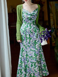 2PS Green Floral Printed Spaghetti Straps Vintage Dress