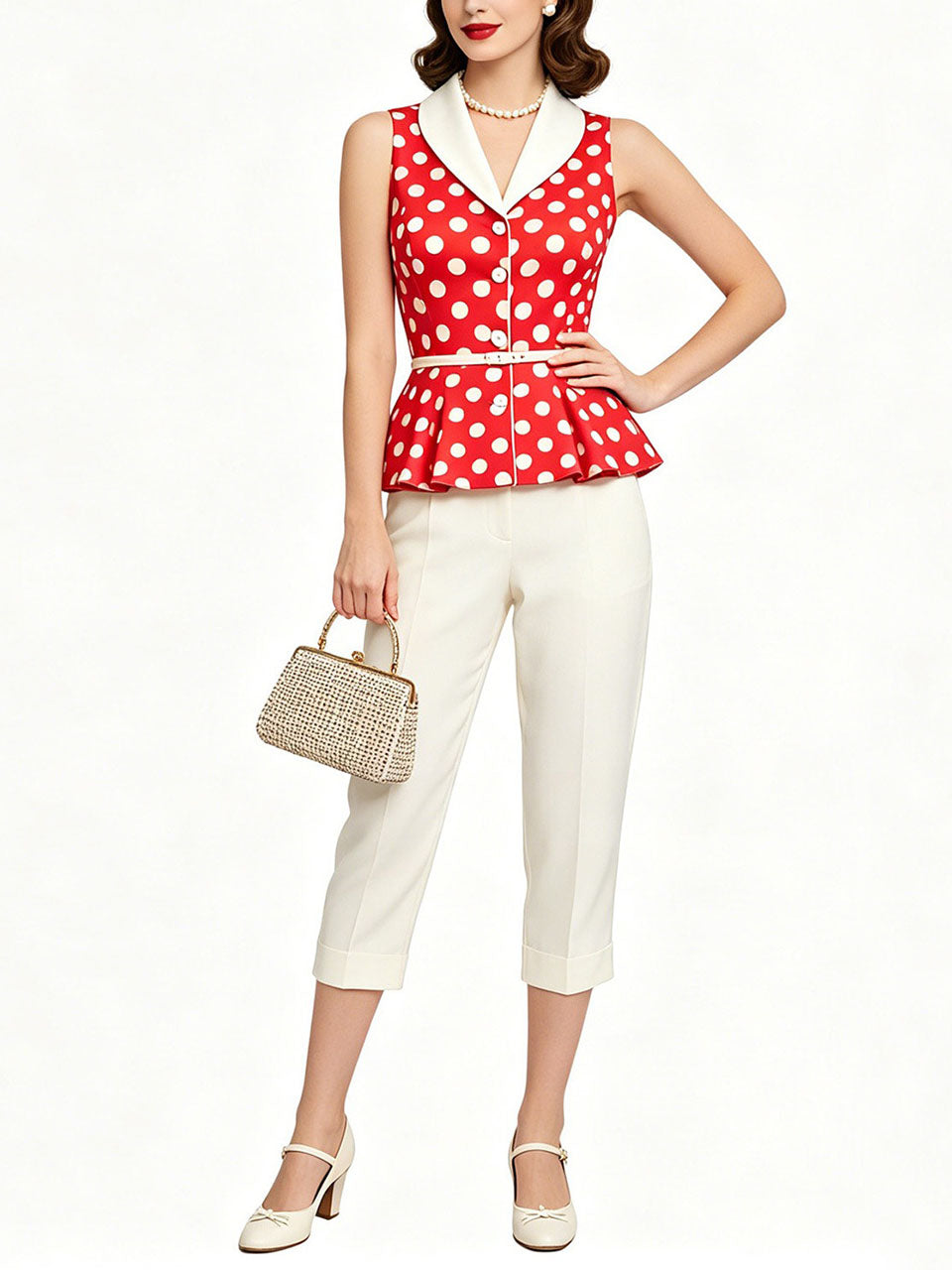 1950s Vintage Red Polka Dot Shawl Collar Peplum Vest Top Rockabilly Style