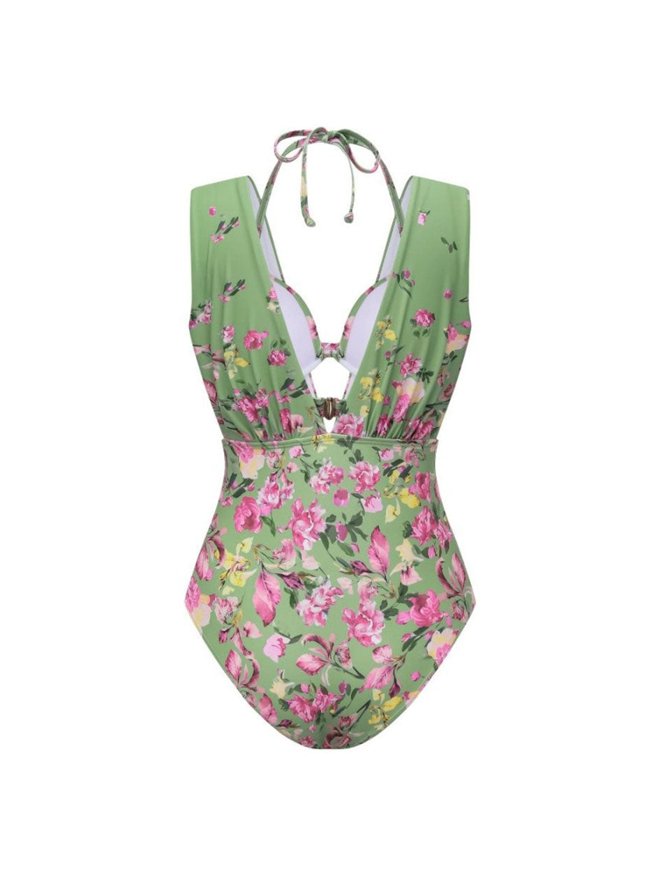3PS Sage Green Vintage Halter Cutout Pastel Flower Print Monokini and Flowy Beach Long Skirt Swimsuit Set