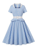 Baby Blue Plaid Square Collar Ruffles 1950s Swing Dress