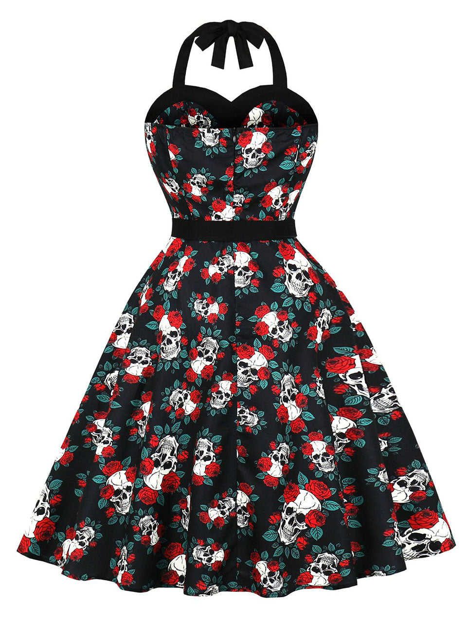 Gothic Black Skull and Rose Print Halter Vintage Halloween Dress