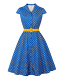 1950s Vintage Blue & Yellow Polka Dot Rockabilly Swing Dress